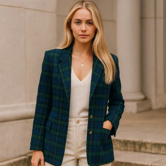 Vintage 90s Pendleton tartan plaid double breasted triple button blazer - Picture 1 of 4